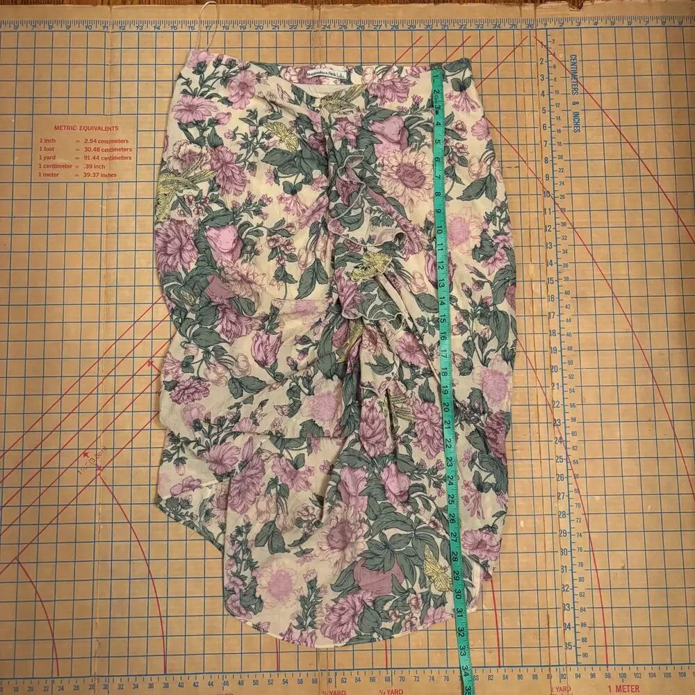 Abercrombie‎ & Fitch Floral Peony Ruffle Front Midi Skirt Cream Pink Size Large